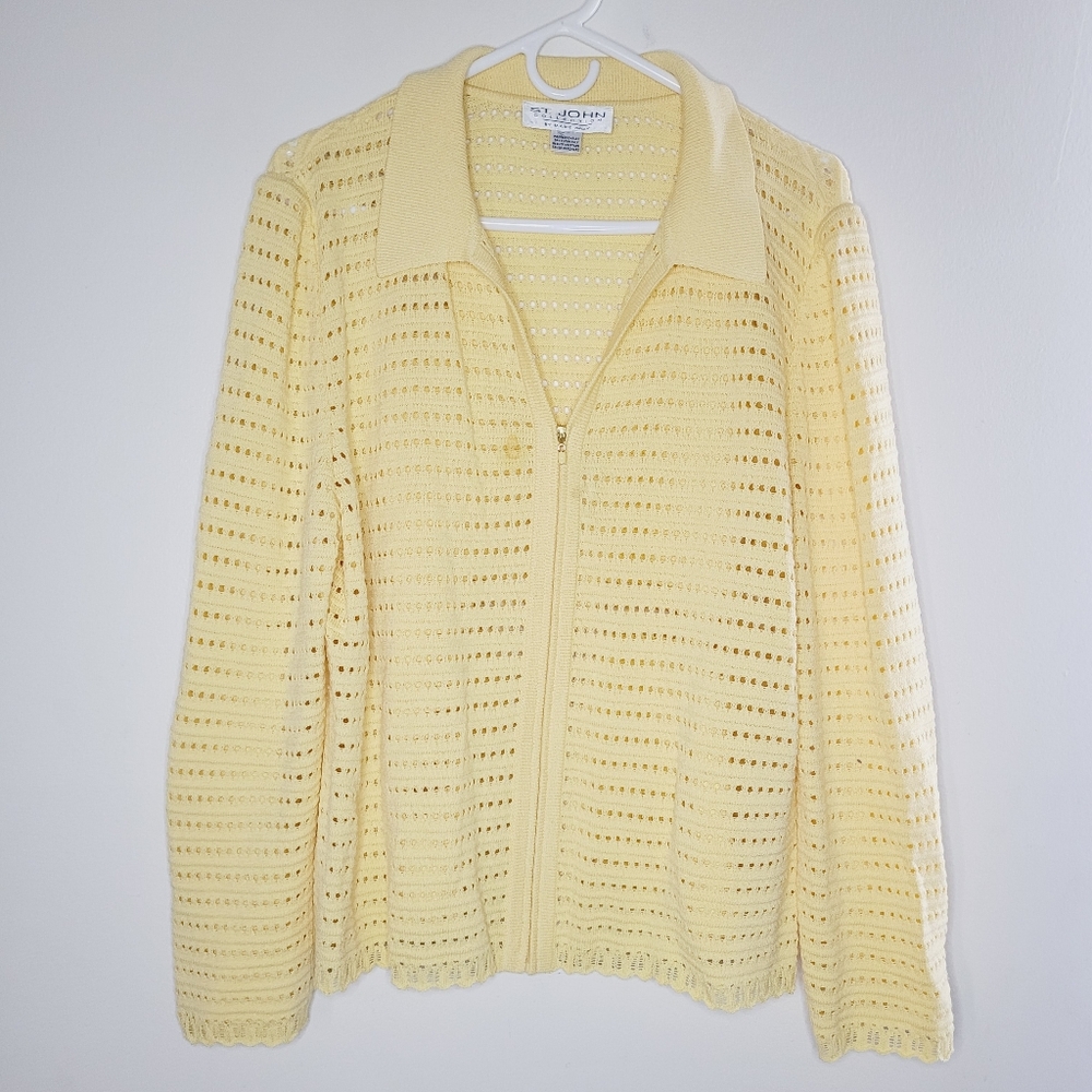 St. John Collection Marie Gray Cardigan Open Knit Yellow Quiet Luxury Tropical